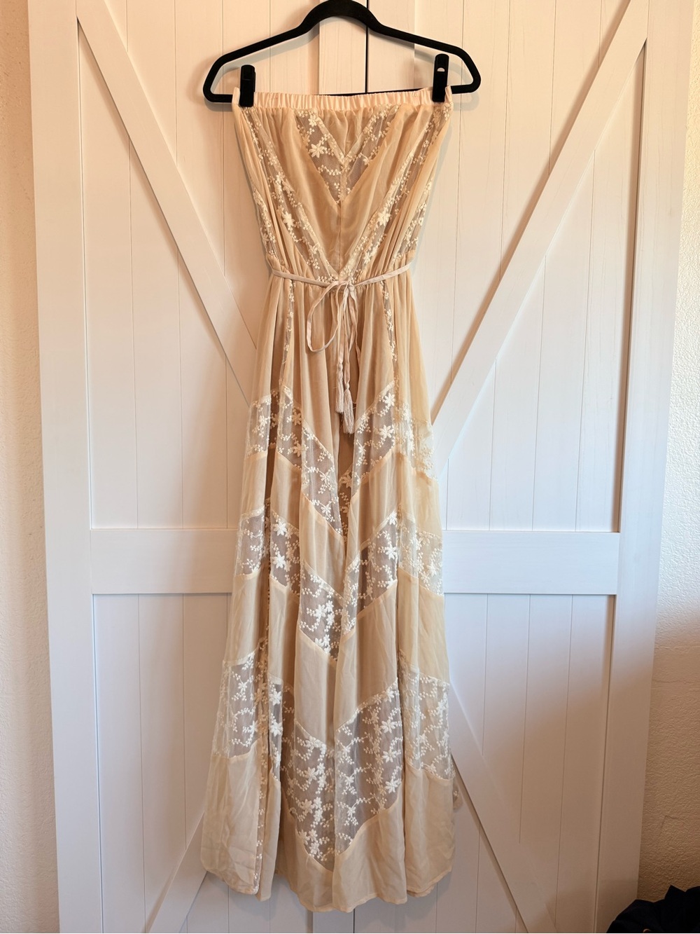 Arden B Strapless Beige Maxi Dress with White Floral Lace